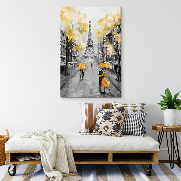 Een schilderij van een straat met mensen die onder een paraplu lopen Een schilderij van een straat met mensen die onder een paraplu lopen