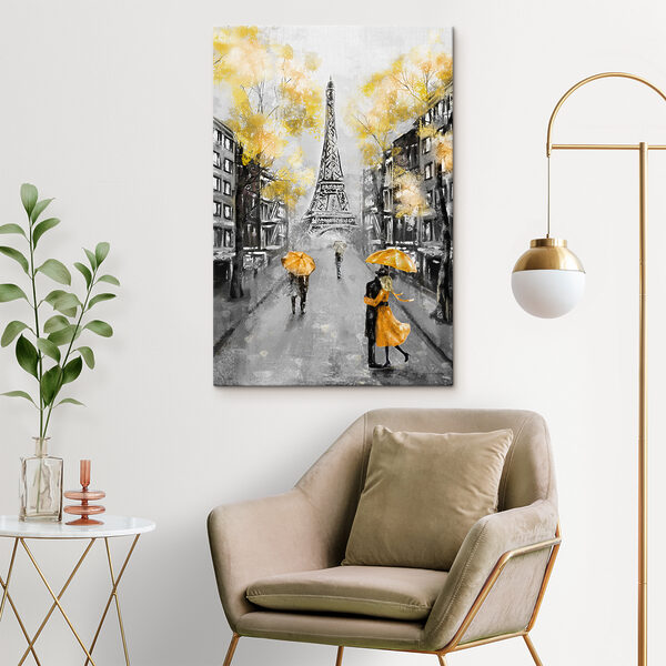 Een schilderij van een straat met mensen die onder een paraplu lopen Een schilderij van een straat met mensen die onder een paraplu lopen