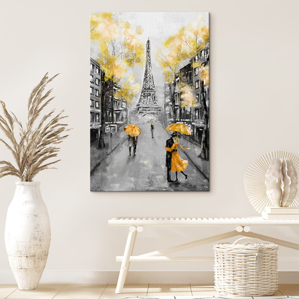 A painting of a street with people walking under an umbrella A painting of a street with people walking under an umbrella