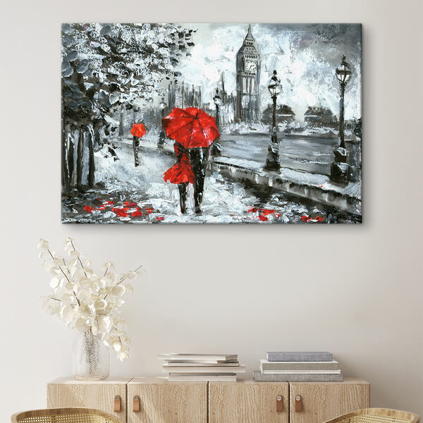 Een schilderij van een stel met paraplu's in een besneeuwde stad Een schilderij van een stel met paraplu's in een besneeuwde stad