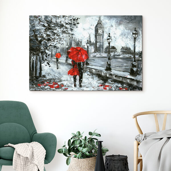 Een schilderij van een stel met paraplu's in een besneeuwde stad Een schilderij van een stel met paraplu's in een besneeuwde stad