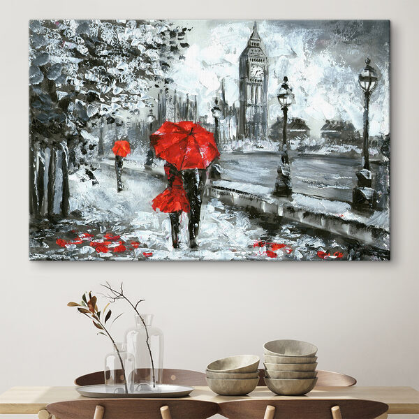 Een schilderij van een stel met paraplu's in een besneeuwde stad Een schilderij van een stel met paraplu's in een besneeuwde stad