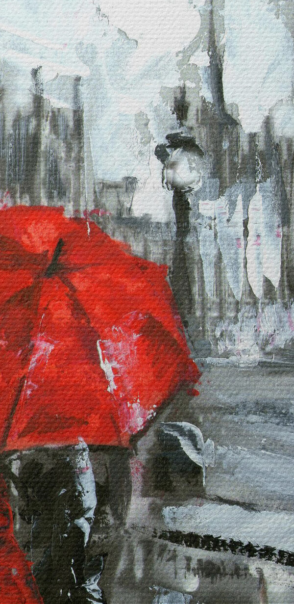 Een schilderij van een stel met paraplu's in een besneeuwde stad Een schilderij van een stel met paraplu's in een besneeuwde stad
