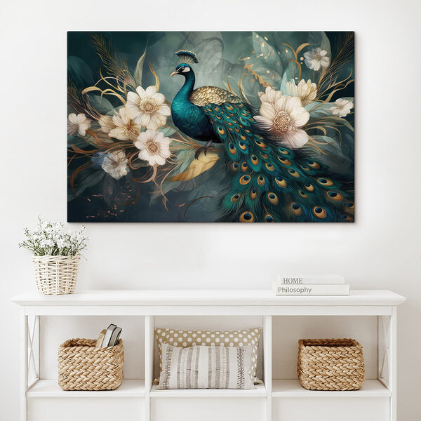 A peacock sitting on a branch with flowers A peacock sitting on a branch with flowers