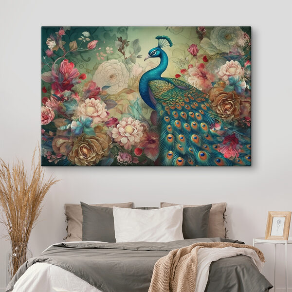 Een pauw met bloemen en bladeren Een pauw met bloemen en bladeren