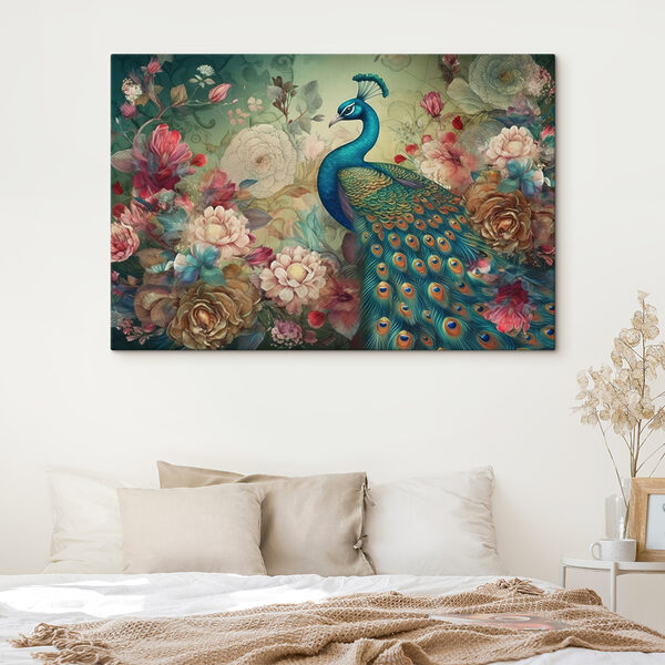 Een pauw met bloemen en bladeren Een pauw met bloemen en bladeren