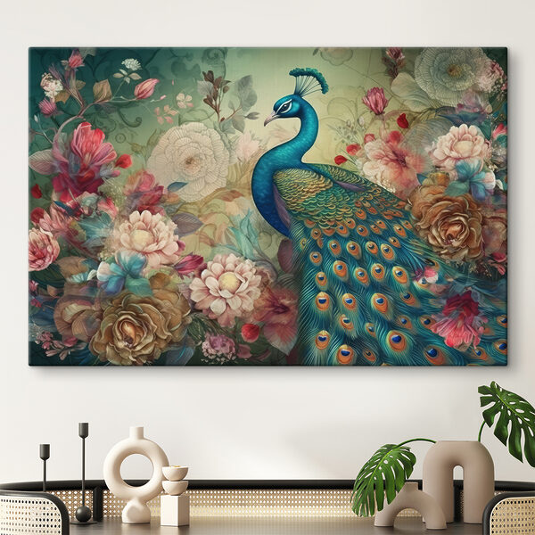 Een pauw met bloemen en bladeren Een pauw met bloemen en bladeren