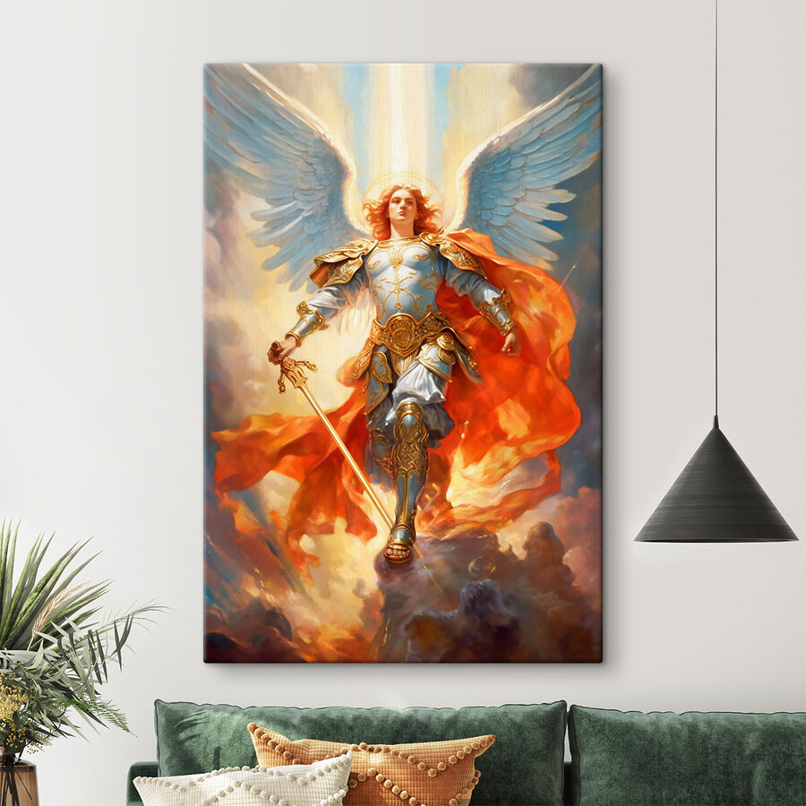 Een schilderij van een persoon in harnas met vleugels en een zwaard