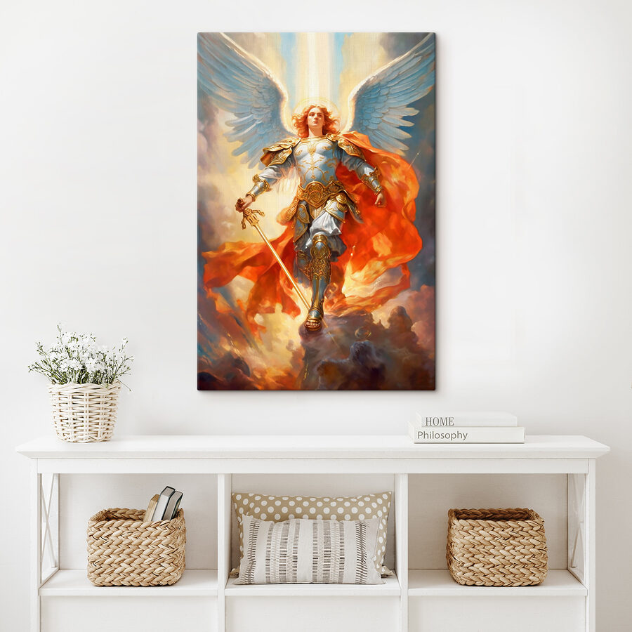 Een schilderij van een persoon in harnas met vleugels en een zwaard