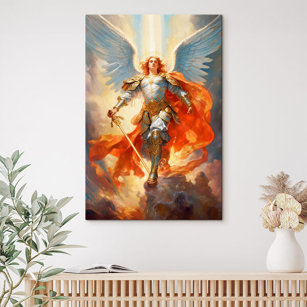 Een schilderij van een persoon in harnas met vleugels en een zwaard Een schilderij van een persoon in harnas met vleugels en een zwaard