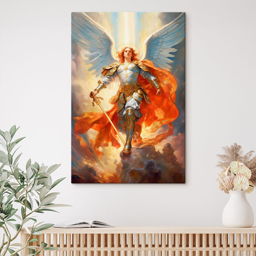 Een schilderij van een persoon in harnas met vleugels en een zwaard