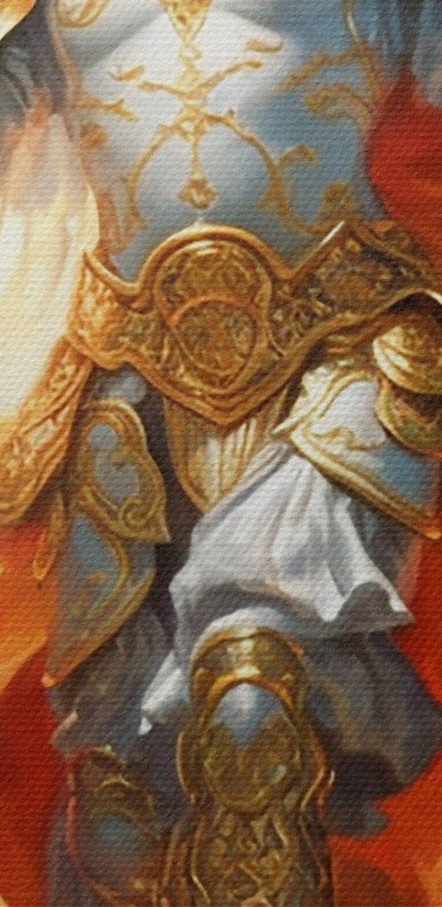 Een schilderij van een persoon in harnas met vleugels en een zwaard