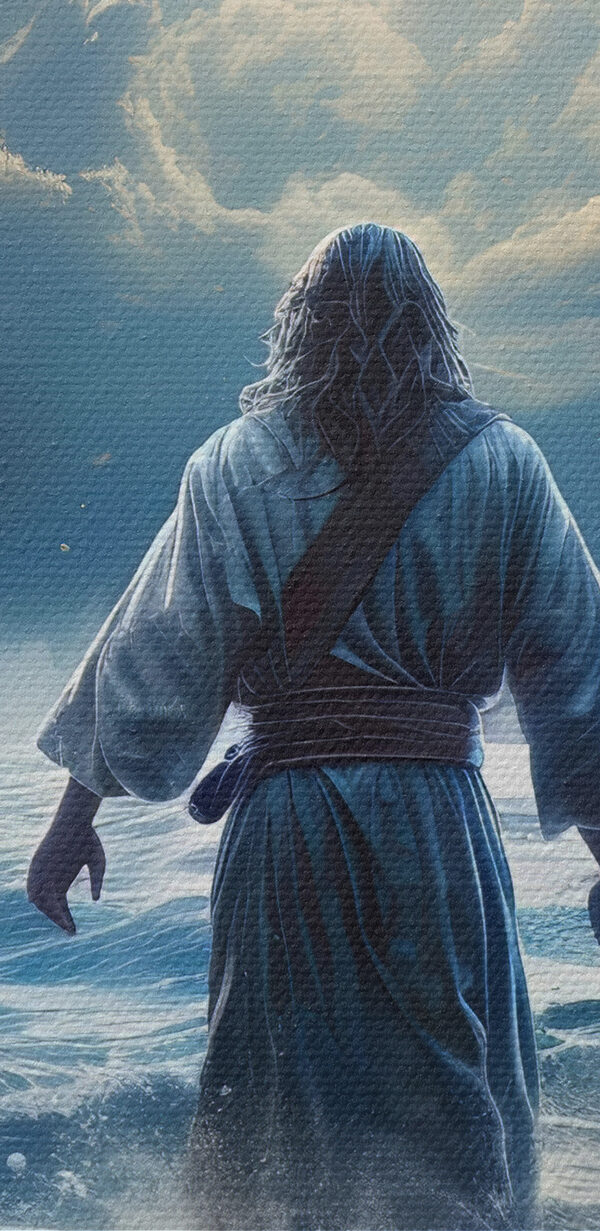 Een man in een badjas staat in het water Een man in een badjas staat in het water