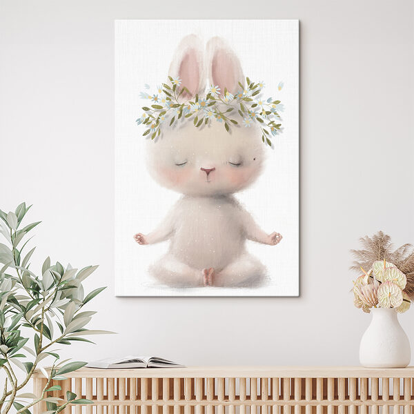 Een cartoon van een konijn met bloemen op zijn hoofd Een cartoon van een konijn met bloemen op zijn hoofd