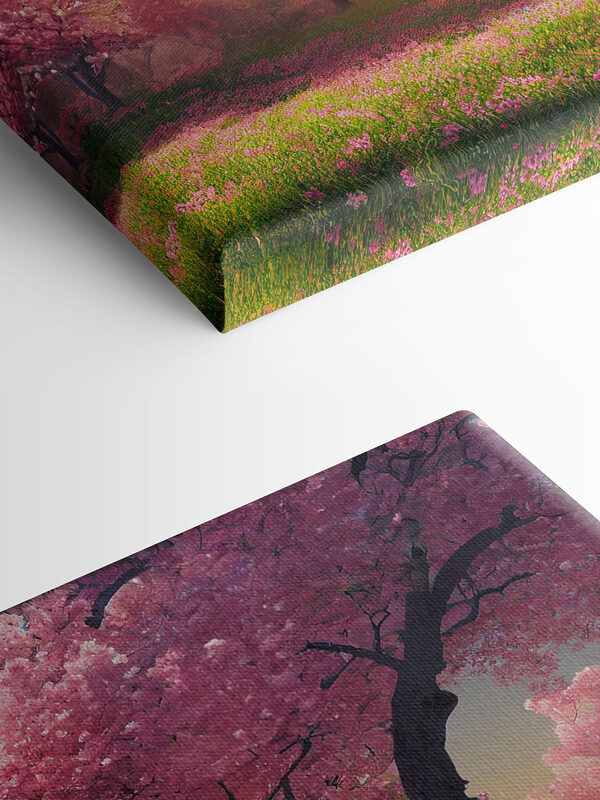 Een veld met roze bloemen en bomen Een veld met roze bloemen en bomen