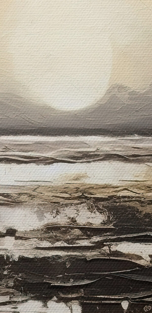 Een schilderij van een strand met de zon op de achtergrond Een schilderij van een strand met de zon op de achtergrond