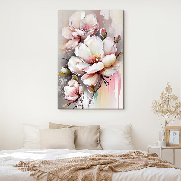 Een schilderij van bloemen op een wit oppervlak Een schilderij van bloemen op een wit oppervlak