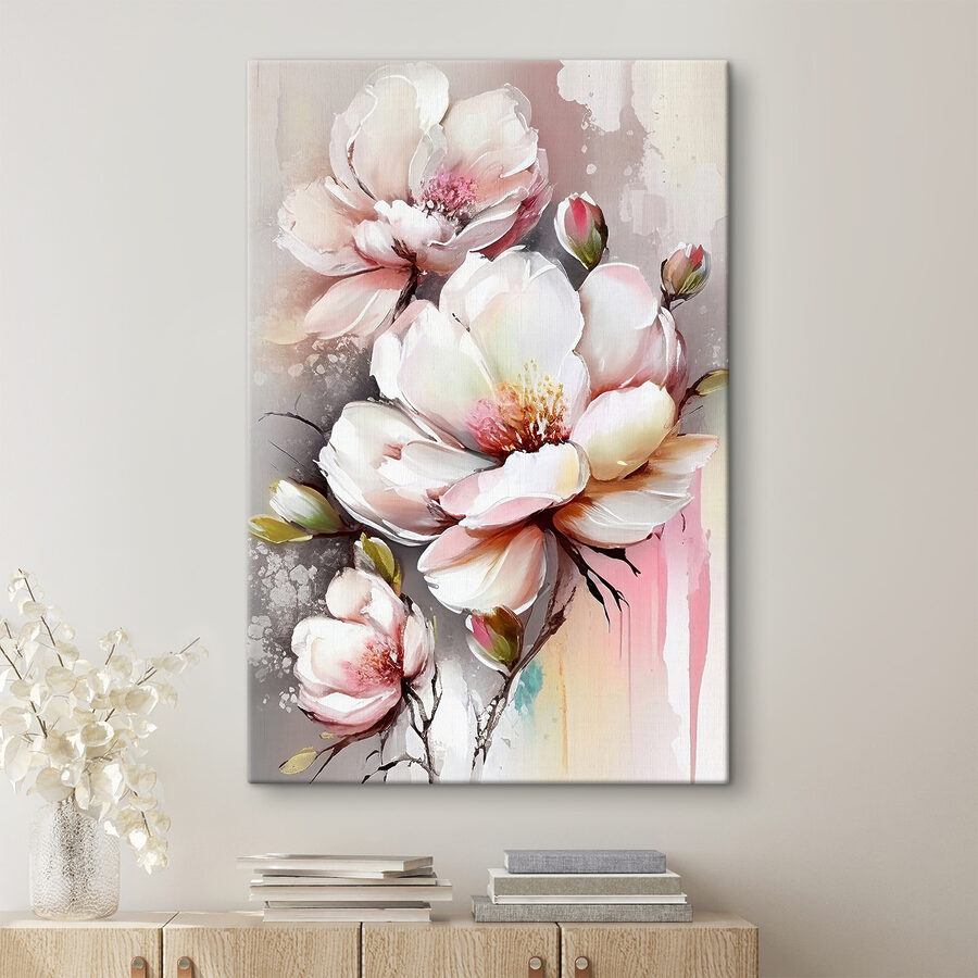 Een schilderij van bloemen op een wit oppervlak
