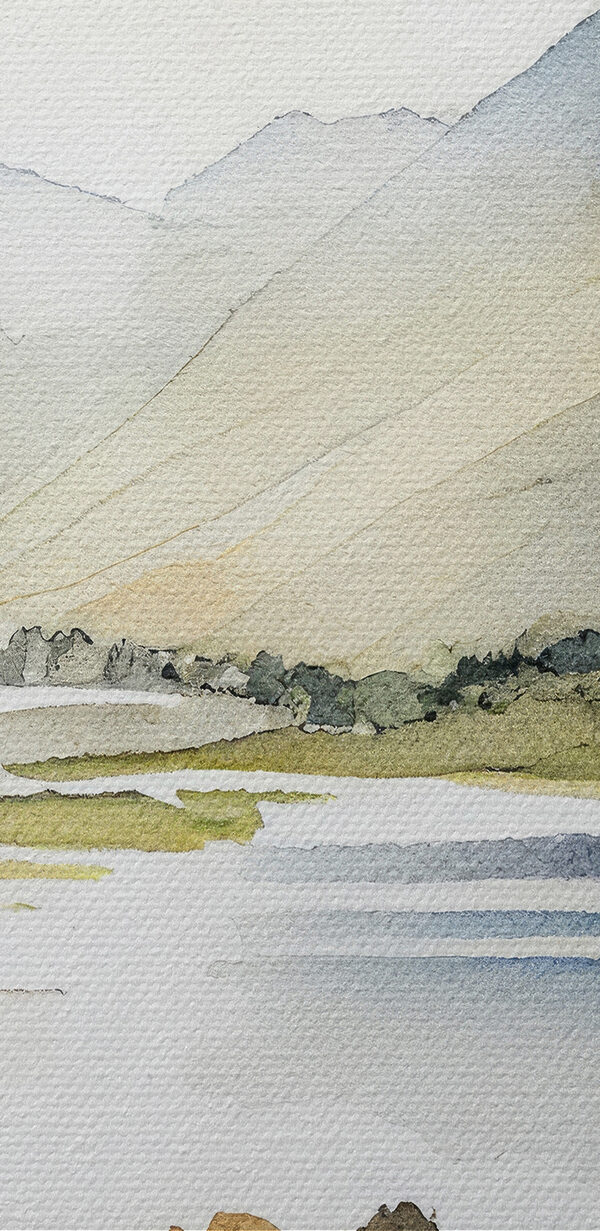 Aquarel van een meer omringd door bergen Aquarel van een meer omringd door bergen
