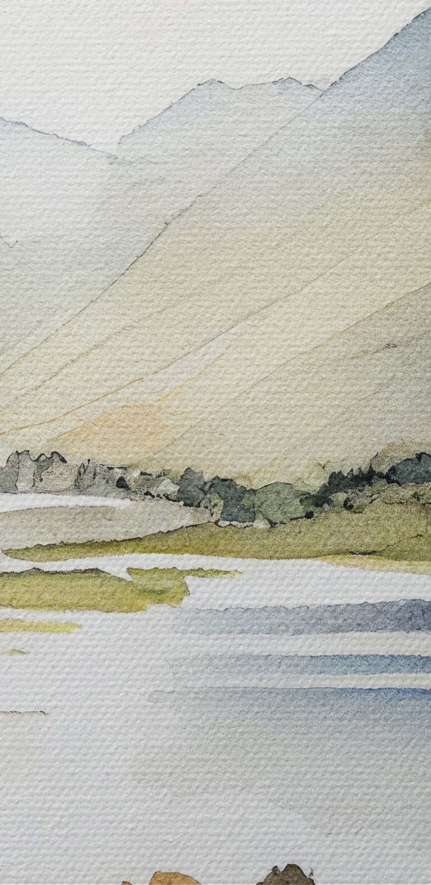 Aquarel van een meer omringd door bergen Aquarel van een meer omringd door bergen