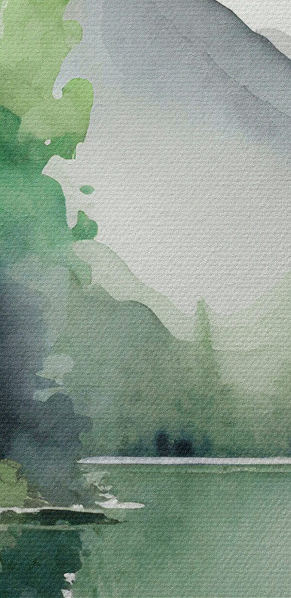 Aquarel schilderij van een meer omringd door bomen en bergen Aquarel schilderij van een meer omringd door bomen en bergen