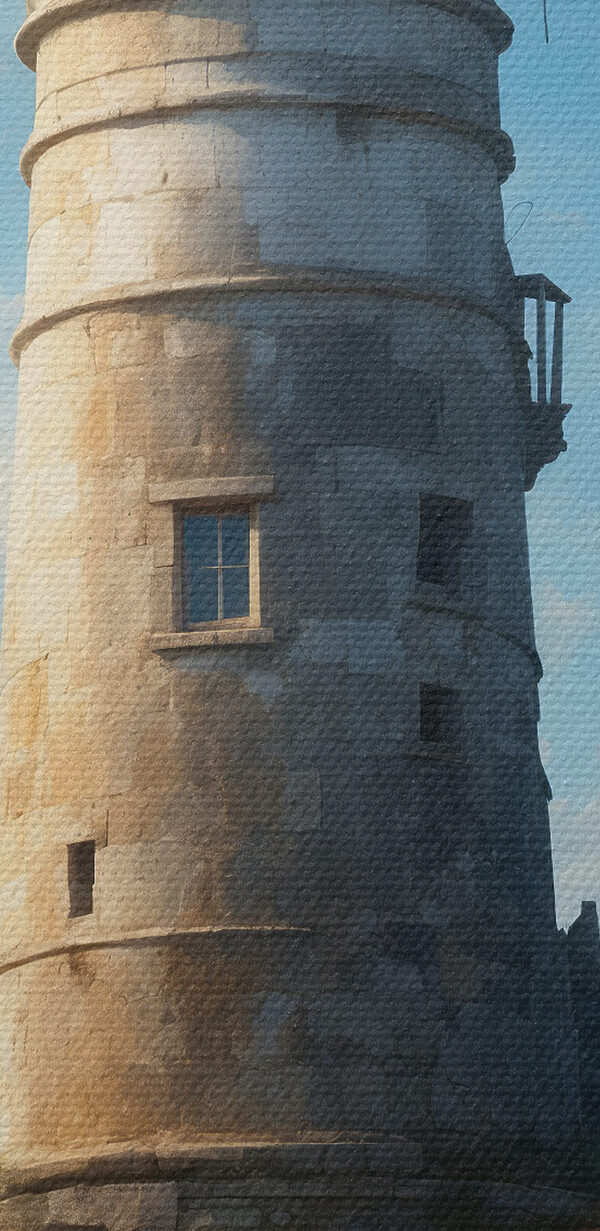 Een vuurtoren op een rots met Ford Eiland op de achtergrond Een vuurtoren op een rots met Ford Eiland op de achtergrond