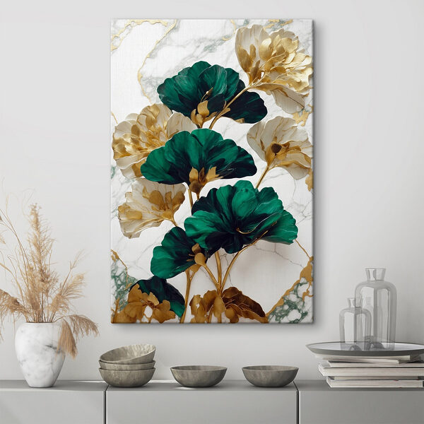 Groene en witte bloemen op een marmeren oppervlak Groene en witte bloemen op een marmeren oppervlak