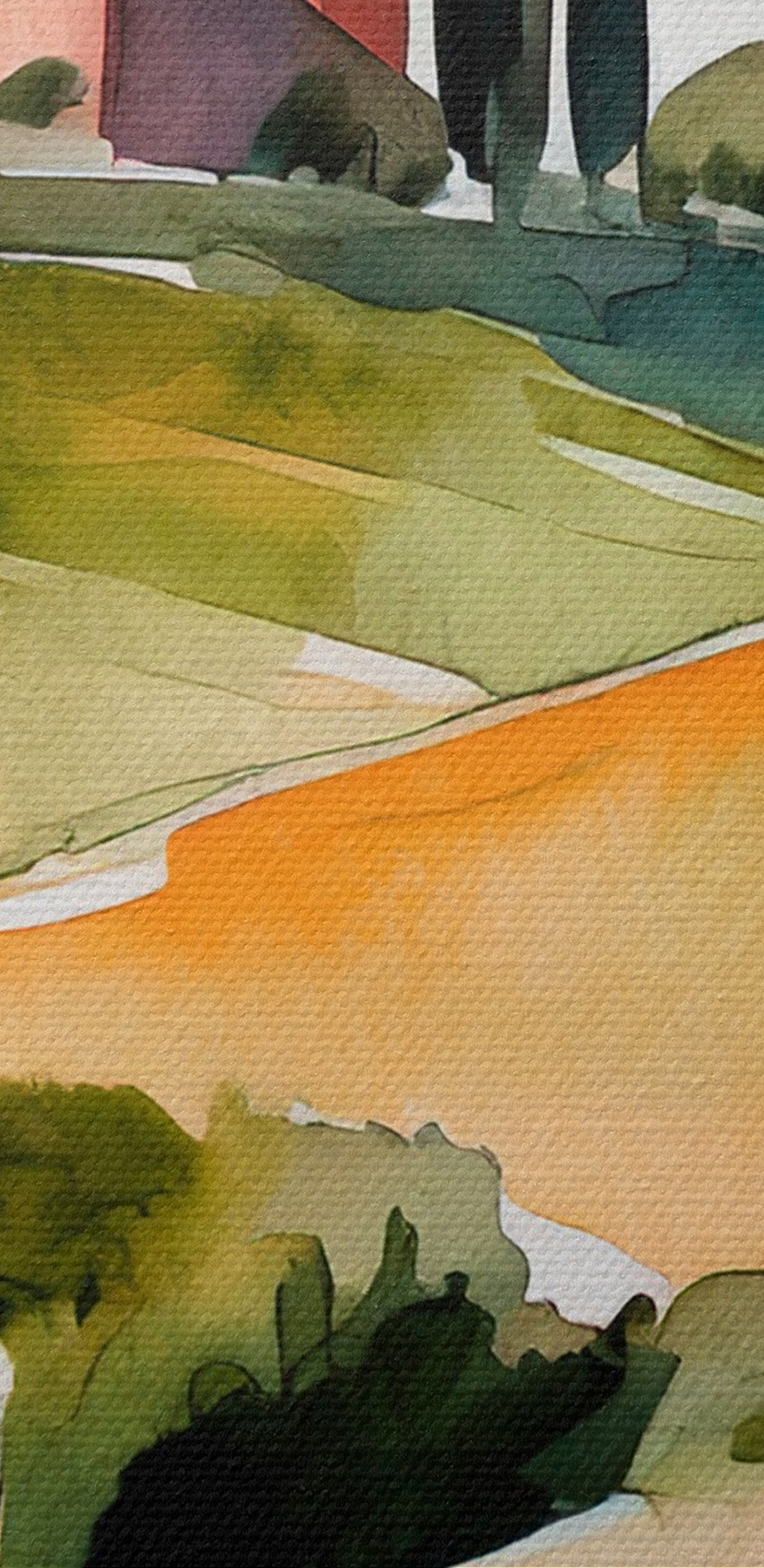 Aquarel van een huis op een heuvel met bomen en heuvels