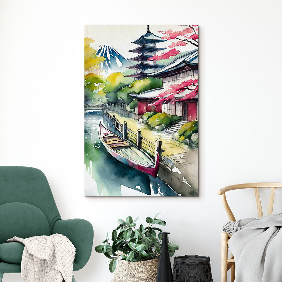 A watercolor painting of a boat on a river A watercolor painting of a boat on a river