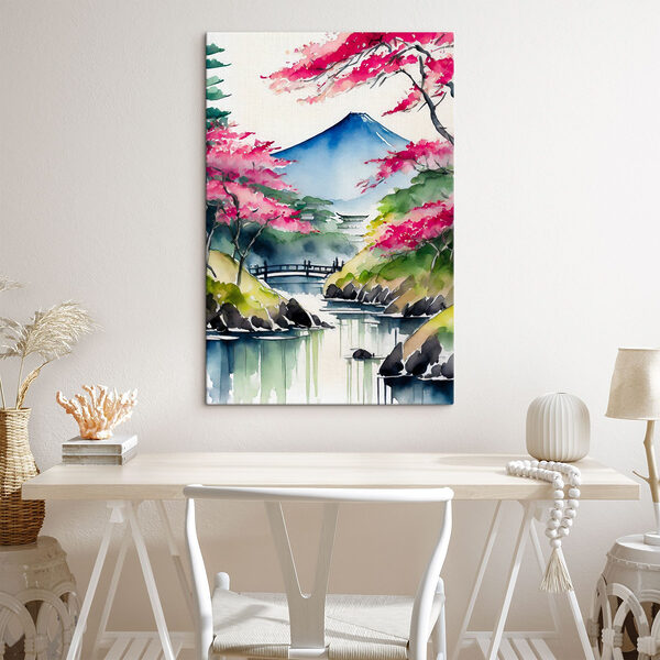 Aquarel van een berg en bomen met roze bloemen Aquarel van een berg en bomen met roze bloemen