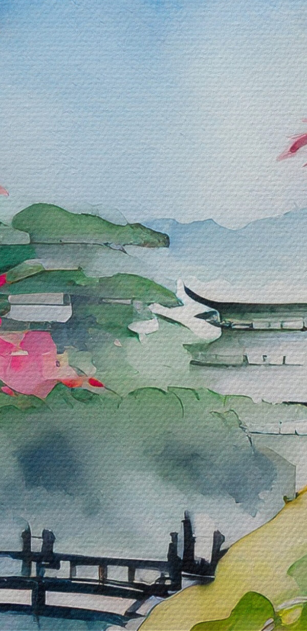 Aquarel van een berg en bomen met roze bloemen Aquarel van een berg en bomen met roze bloemen