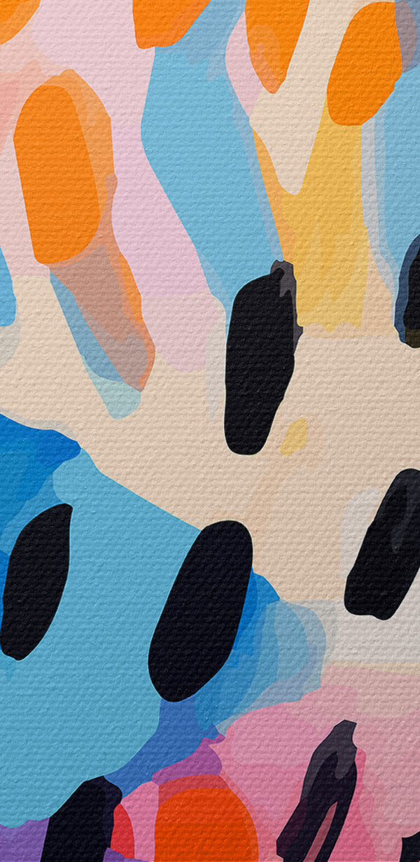Een kleurrijk schilderij van zwarte stippen en vlekken Een kleurrijk schilderij van zwarte stippen en vlekken