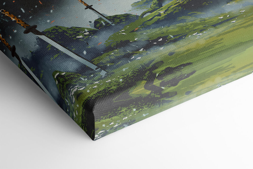 A person standing in a field with swords A person standing in a field with swords