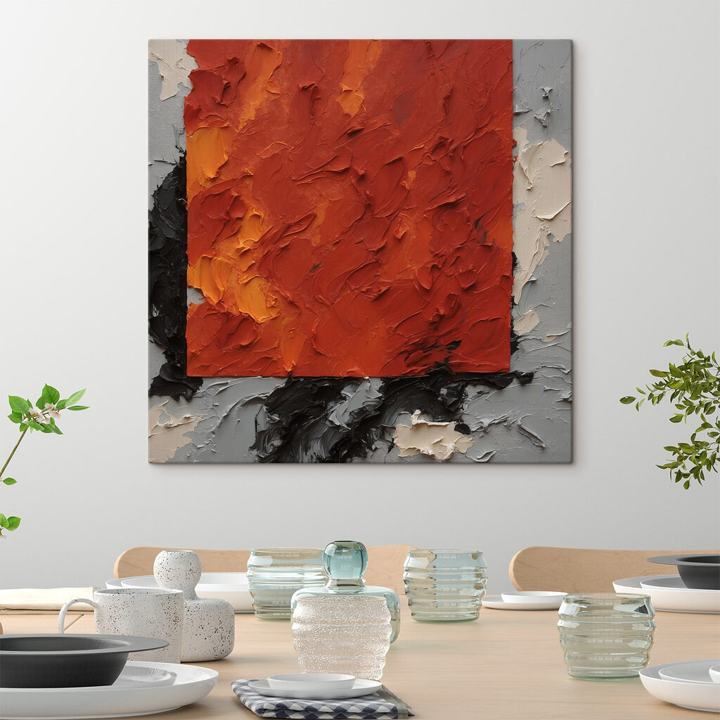 A painting of a red square with black and white paint A painting of a red square with black and white paint