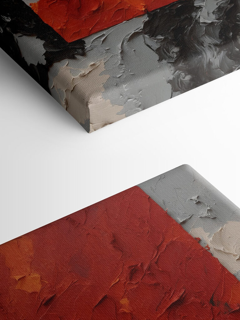 A painting of a red square with black and white paint A painting of a red square with black and white paint