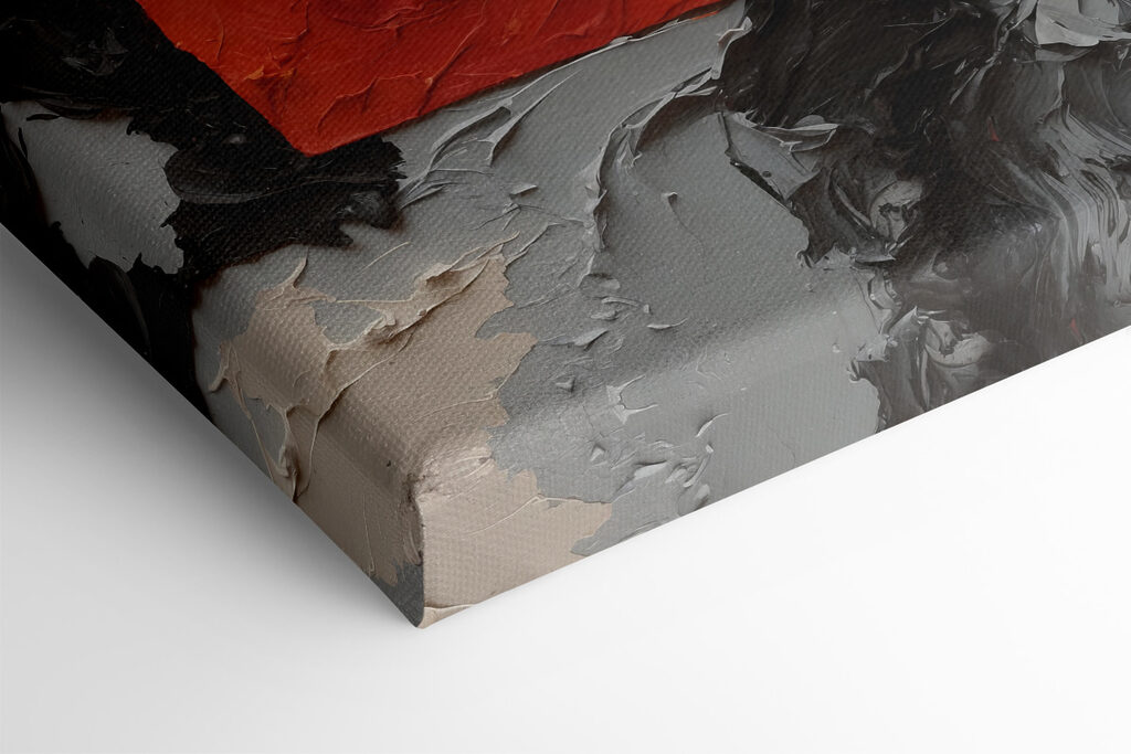 A painting of a red square with black and white paint A painting of a red square with black and white paint