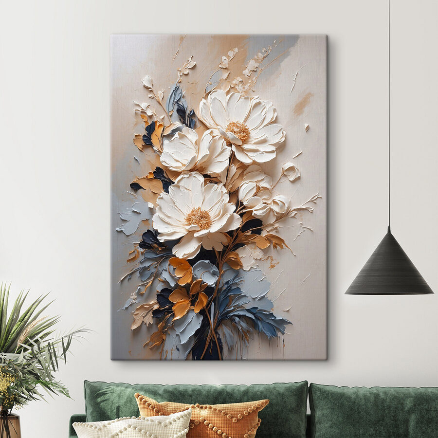 Een schilderij van bloemen op een muur