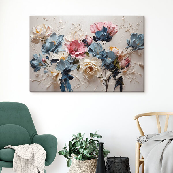 Een schilderij van bloemen op een wit oppervlak Een schilderij van bloemen op een wit oppervlak