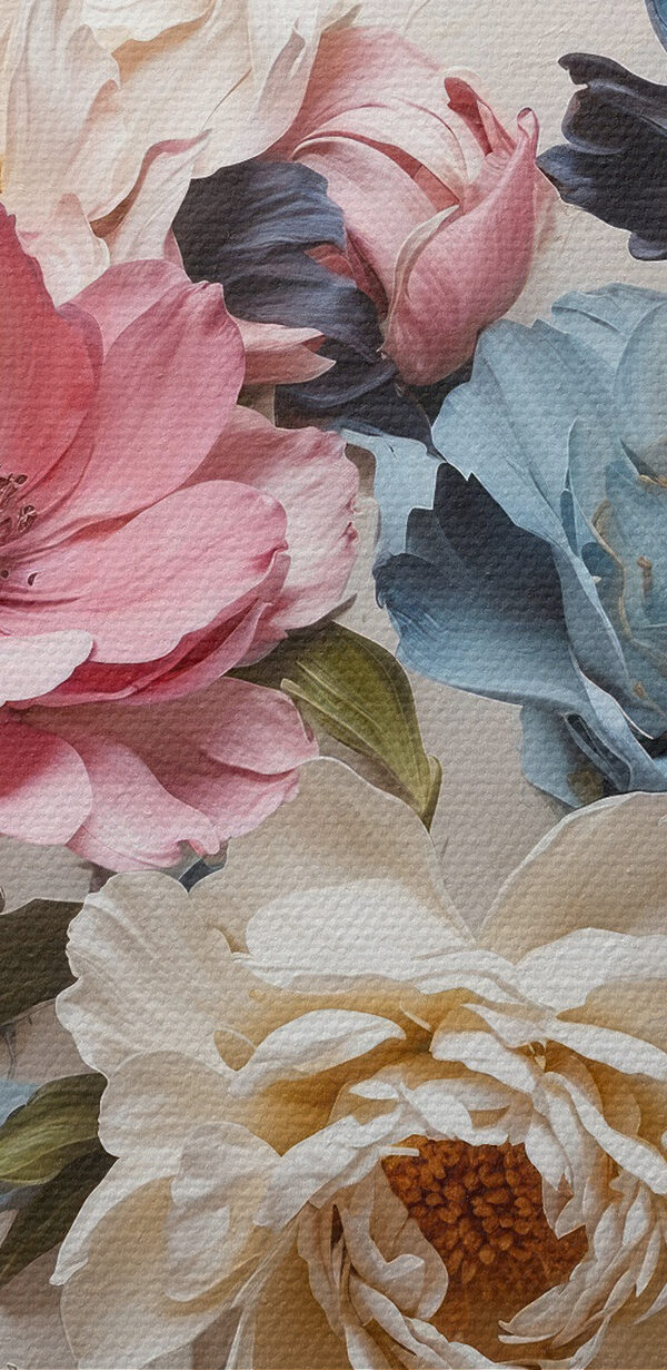 Een schilderij van bloemen op een wit oppervlak Een schilderij van bloemen op een wit oppervlak