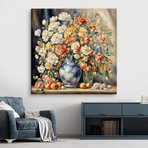 Een schilderij van bloemen in een vaas en fruit Een schilderij van bloemen in een vaas en fruit