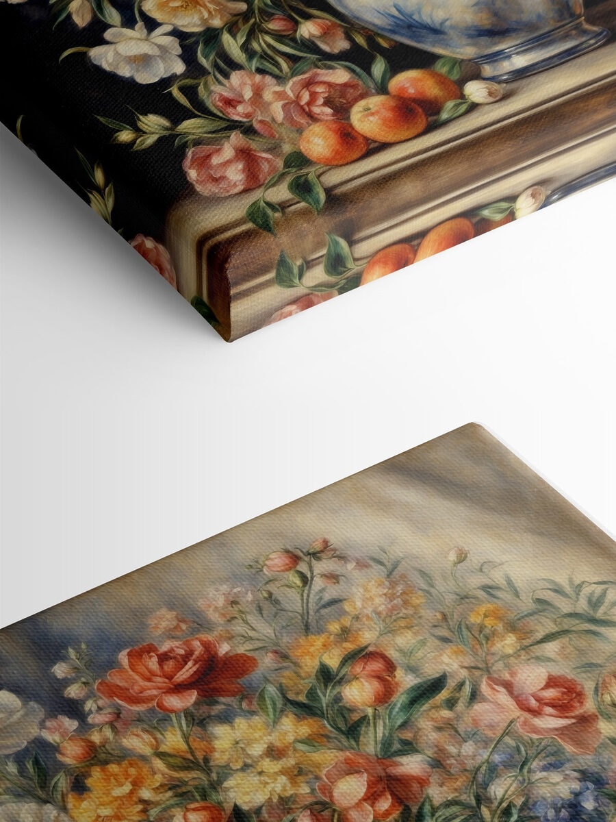 Een schilderij van bloemen in een vaas en fruit Een schilderij van bloemen in een vaas en fruit