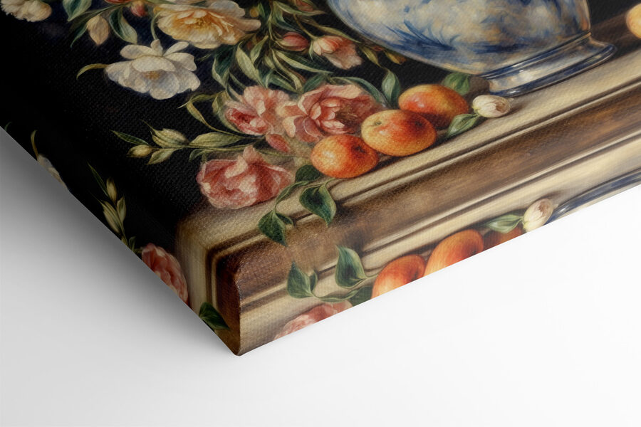 Een schilderij van bloemen in een vaas en fruit Een schilderij van bloemen in een vaas en fruit