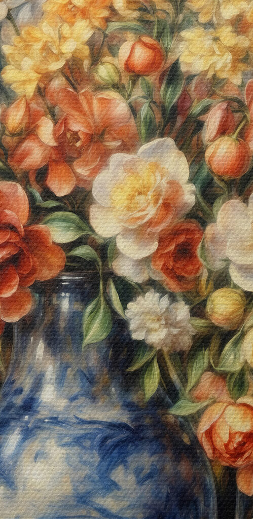 A painting of flowers in a vase and fruit A painting of flowers in a vase and fruit