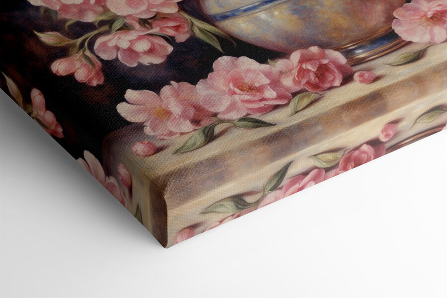 Een schilderij van roze bloemen in een vaas