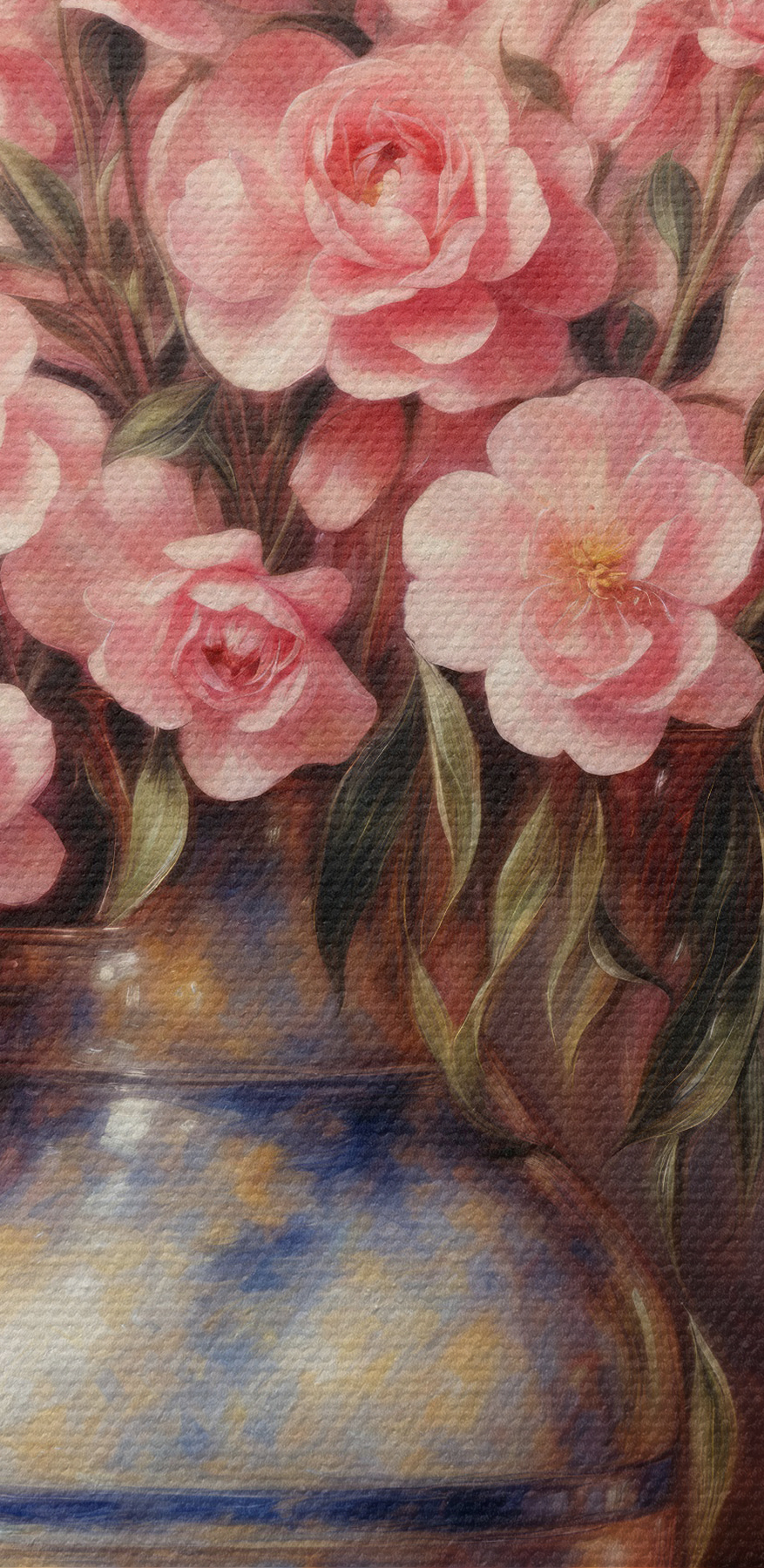 Een schilderij van roze bloemen in een vaas