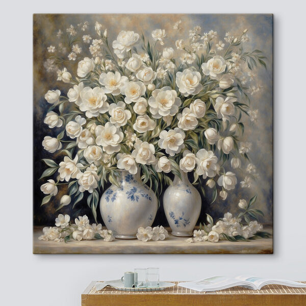 Een schilderij van witte bloemen in vazen Een schilderij van witte bloemen in vazen