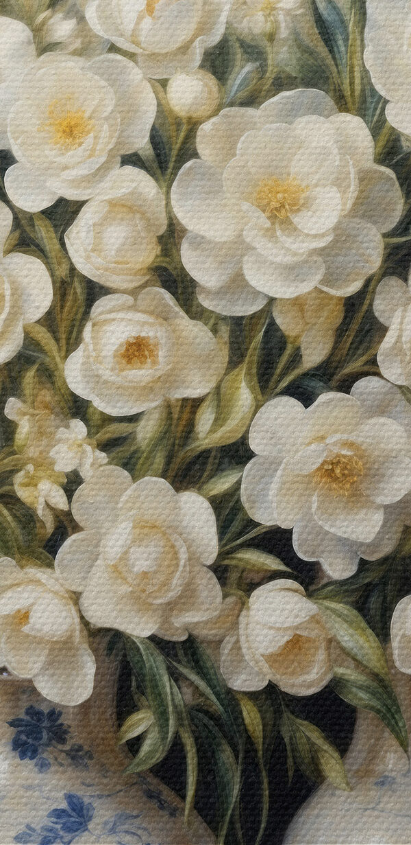 Een schilderij van witte bloemen in vazen Een schilderij van witte bloemen in vazen