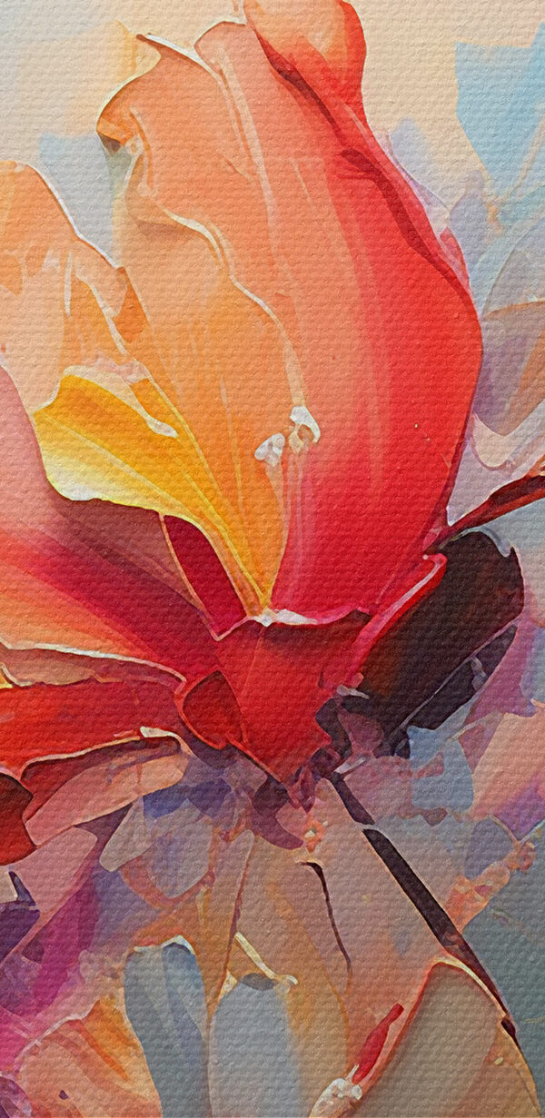Een schilderij van bloemen op een blauwe achtergrond Een schilderij van bloemen op een blauwe achtergrond