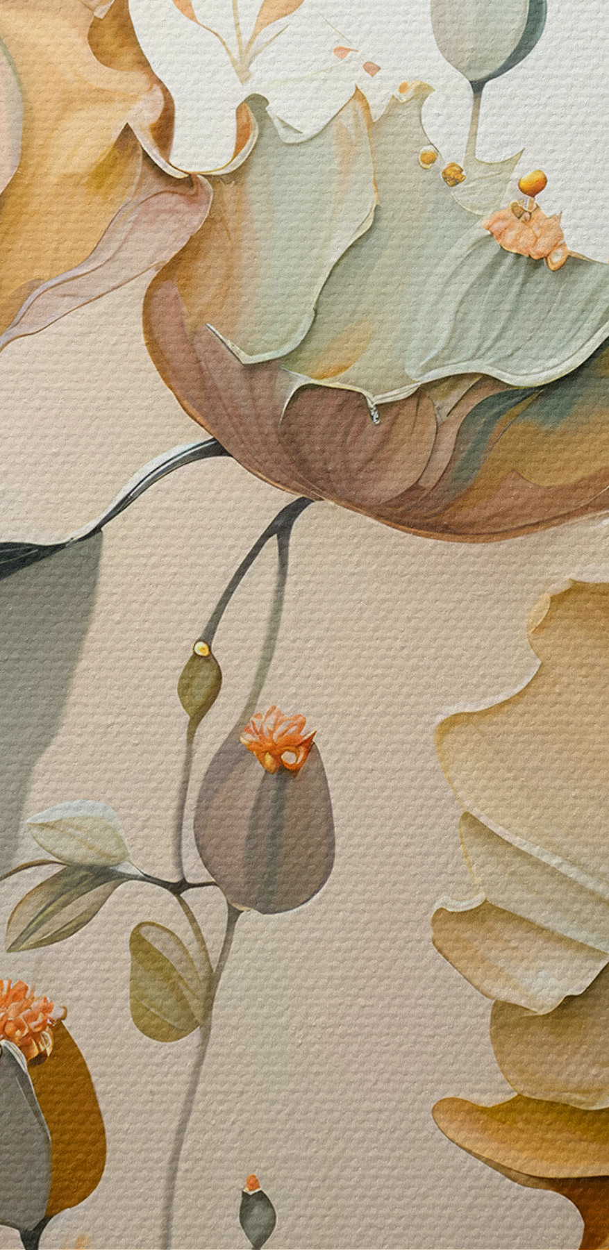Een schilderij van bloemen op een muur
