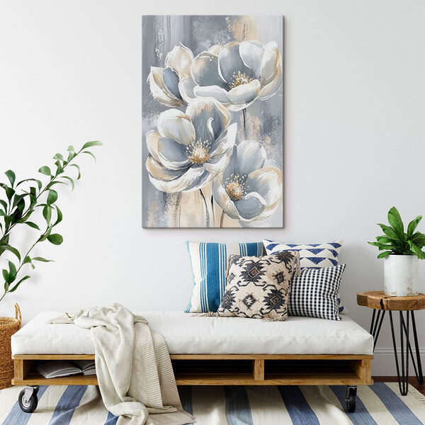 A painting of flowers on a grey background